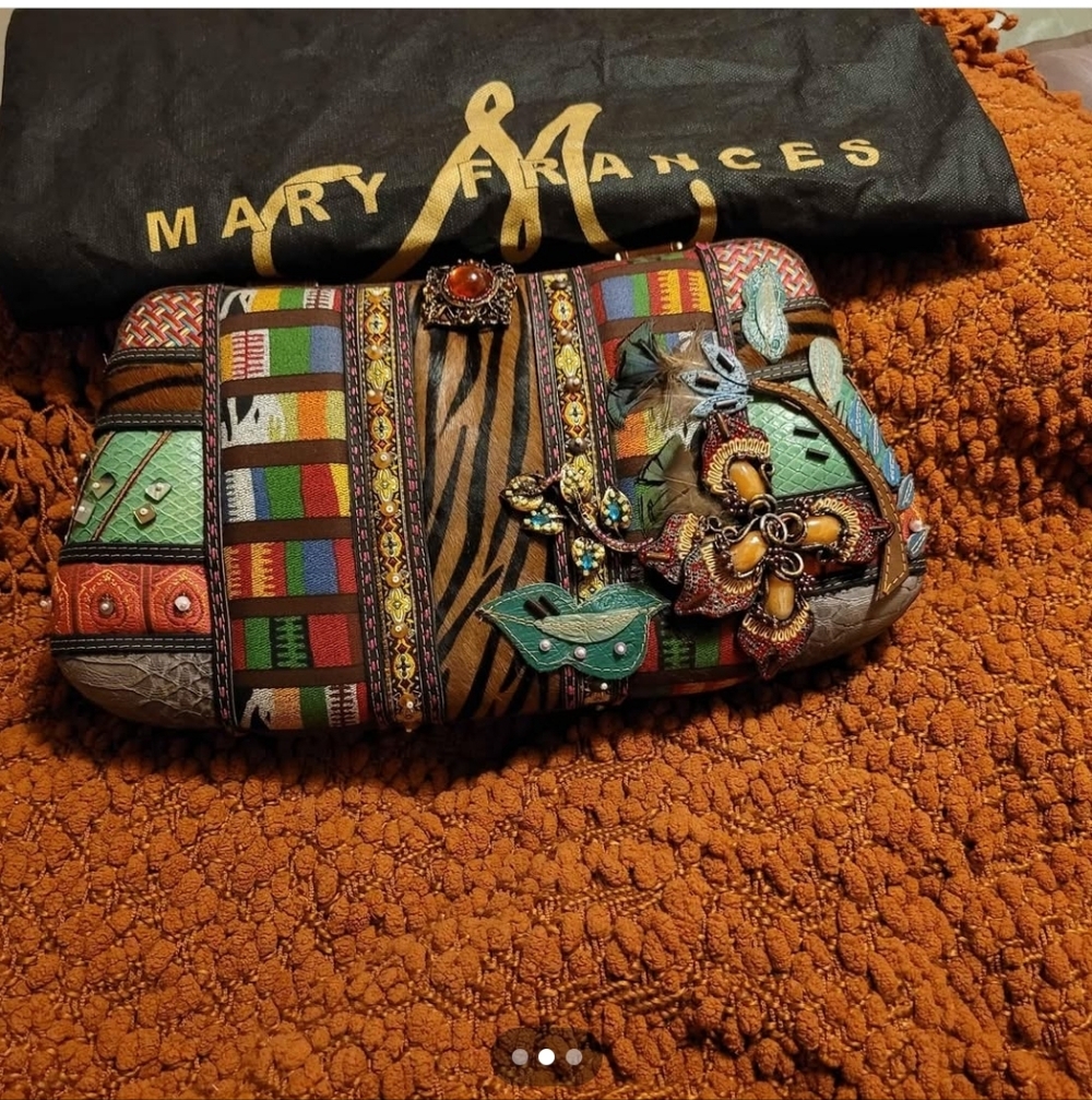 Mary Frances Multicolor Embellished Clutch with Green and Orange Accents